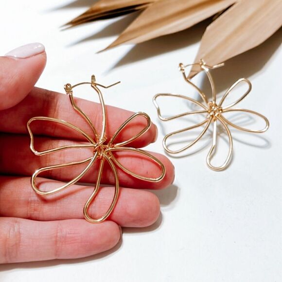 Gold flower hoop earrings N339 - Picture 3 of 3